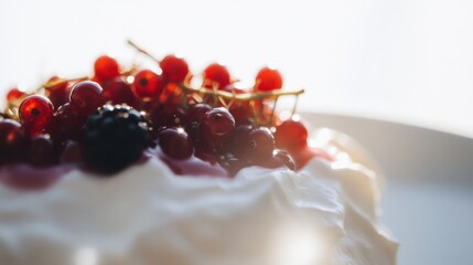 Mouthwatering pavlova adorned with fresh local berries shines brightly under summer sunlight