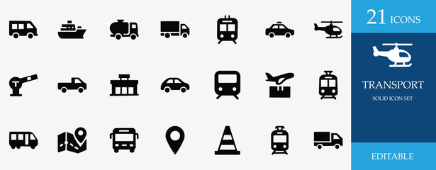 Transport solid icon set featuring bus, car, truck, plane, boat, taxi, subway, and GPS symbols. Perfect for travel, transit, logistic, and public transport themes