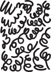 Hand-drawn brush raw textured shapes. Black ink random hand drawn scribbles set isolated on white background. Vector illustration