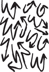 Crayon arrow sketches collection - hand drawn doodle style pointers, curved lines, round swirls. Chaotic scribbling, artistic design elements set. Black grunge brush strokes isolated on white