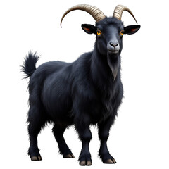 Fototapeta premium A majestic black goat standing tall with curved horns and piercing yellow eyes on a black background isolated with white background