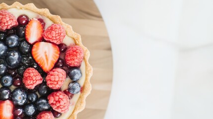 Vibrant berry tart on wooden board celebrates summer with fresh raspberries blueberries and currants
