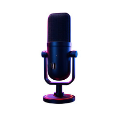 A sleek black microphone with purple and orange neon accents on a black background for audio recording isolated with white background
