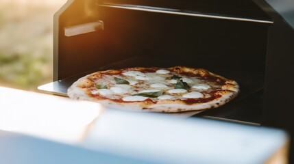 Bubbling margherita pizza emerges from backyard pizza oven during family night under golden twilight skies