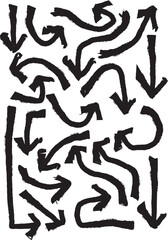 Crayon arrow sketches collection - hand drawn doodle style pointers, curved lines, round swirls. Chaotic scribbling, artistic design elements set. Black grunge brush strokes isolated on white