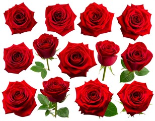 A collection of fifteen vibrant red roses, some in full bloom, others with stems and leaves, arranged against a stark white background