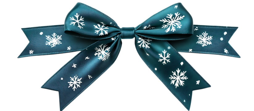 Teal ribbon bow with snowflakes, winter holiday decoration
