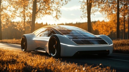 Futuristic solar car driving on idyllic autumn road with warm sunlight
