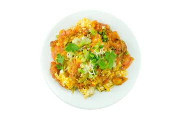 Stir-fried eggs with tomatoes and onion dressing with coriander leaves in white dish isolated on white background top view clipping path flat lay stack