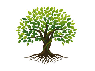 Fototapeta premium Green vector illustration of a tree with roots and vibrant leaves, symbolizing nature's growth and life