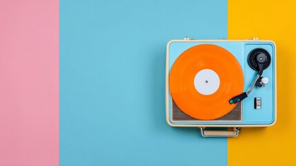This image showcases a sleek vinyl record player on a clean white surface, emphasizing the retro charm and simplicity of music through even lighting and minimalist design