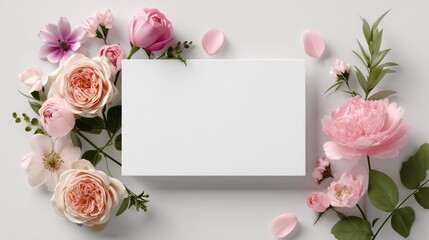 A blank white card surrounded by pink and white roses, peonies, and green leaves on a light background. Ideal for invitations or greeting cards.