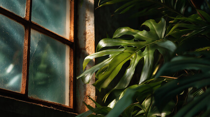 Obraz premium Overgrown tropical leaves pressing against old greenhouse windows, dramatic shadows