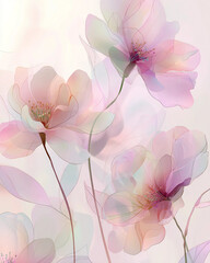 A painting of three pink flowers with a light blue background