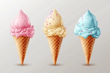 Colorful Ice Cream Cones Art Pink Vanilla Blue Scoop Delight Sweet Treats on transparent background