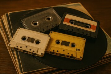 Collection of vintage audio cassettes resting on vinyl records captured in a nostalgic setting with rich textures and warm lighting