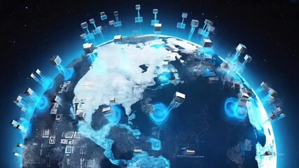 Abstract digital Earth space quantum cubes voxel grids cube dataset. Cubes quantum tunnels. Global digital economy circuits crypto style blockchain ledgers, sleek monochrome metallic blue - Powered by Adobe