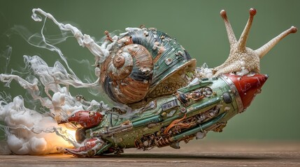 A surreal and whimsical depiction of a snail on a rocket, blending speed and slowness to represent the dichotomy of patience and rapid acceleration