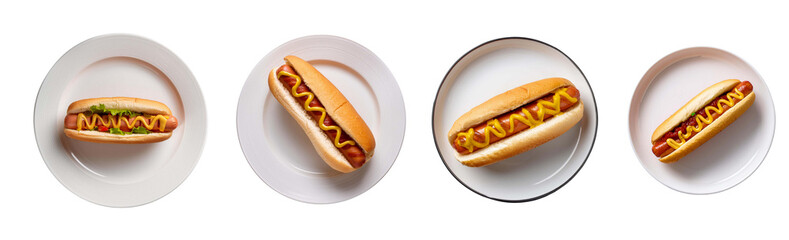 Hot dog on white plate on transparent background top view