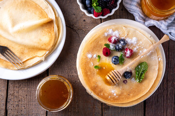 Traditional Maslenitsa food, Eastern European Slavic thin pancakes crepes