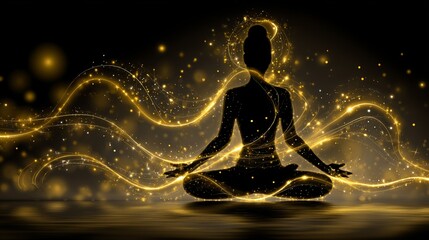 A meditating figure's silhouette is bathed in golden light and encircled by radiant energy particles, embodying enlightenment, spiritual power, and balance within a surreal environment, representing