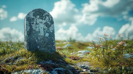 Weathered Gray Tombstone on Small Hill with Subtle Shadows