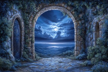 Fototapeta premium An archway of mystical stone gives way to a landscape bathed in moonlight
