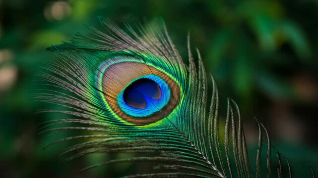 Mesmerizing closeup of vibrant peacock feather shimmering in natural light