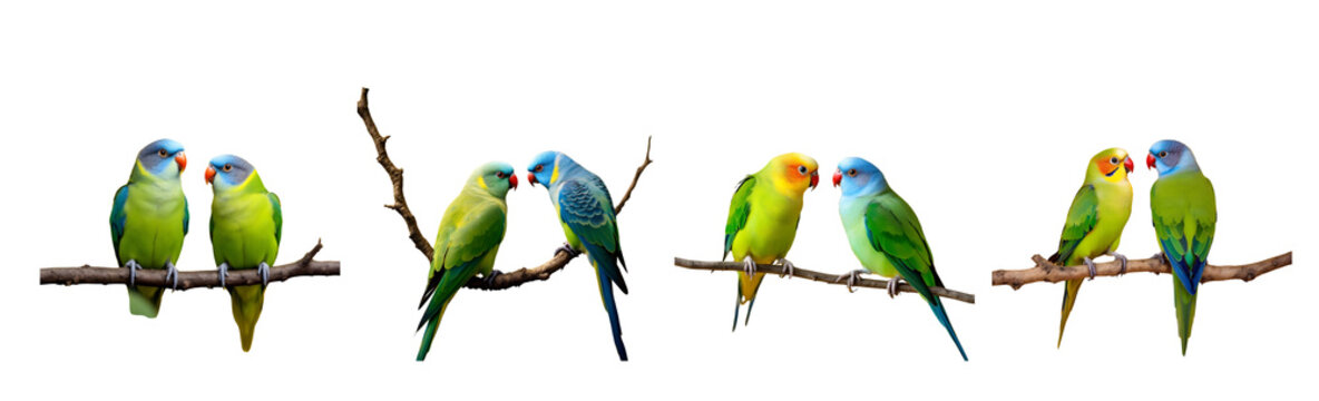 Two green and blue parakeets sitting on a branch looking at each other with a transparent background