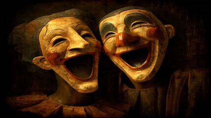Laughing Clown Masks with Vintage, Theater, and Art.