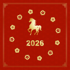 Happy Chinese New Year 2026 background. Year of the Horse design wallpaper. Modern luxury oriental illustration for cover, banner, website, envelope, social media post