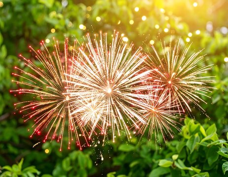 Festive fireworks display against a blurred green foliage backdrop, illuminated by warm sunlight