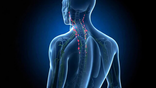 Human lymphatic system animation with pulsating nodes in 360degree rotation