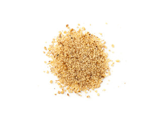 Grated wallnut , broken roasted walnuts, heap of nuts crumbs, whole kernel pieces, fractions