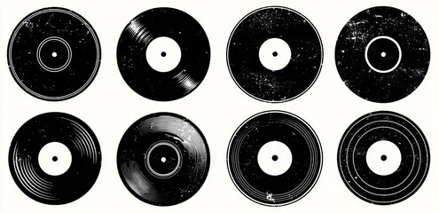Vintage vinyl records and gramophone discs are reimagined with trendy halftone stipple elements, a photocopy effect, and grunge punk dotted stickers for collage, resulting in modern retro