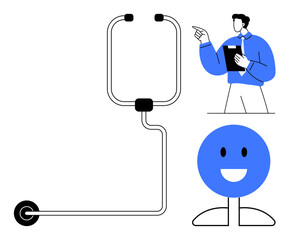 Flowchart structure with connecting lines, man with clipboard presenting ideas, smiling face. Ideal for teamwork, planning, feedback, tutorials, education, business strategy flat simple metaphor