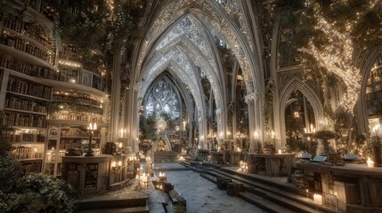 Fototapeta premium A fantastical depiction of a mystical library featuring levitating books, radiant illumination, and enigmatic shelving, ideal for a work of fantasy or magical realism