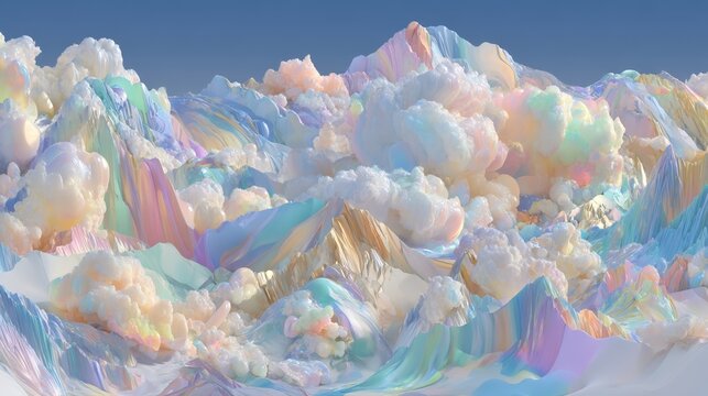 Vibrant clouds float gently above a mystical terrain characterized by rolling hills and an otherworldly glow, conjuring a realm both surreal and fantastical