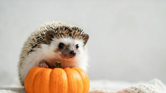 Curious hedgehog exploring pumpkin in cozy autumn setting