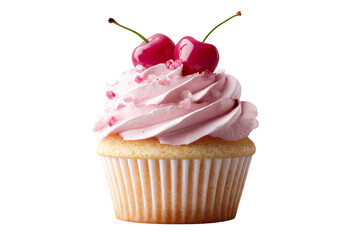 Delicious pink frosted cupcake with cherries on top