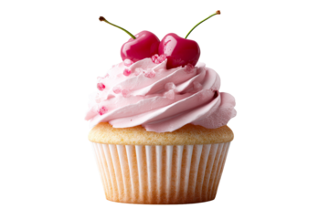 Delicious pink frosted cupcake with cherries on top