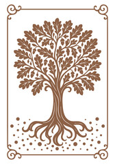 Holm oak with large acorns and stylized foliage. Ideal for logos, gourmet packaging, traditional food branding, and heritage-themed designs.