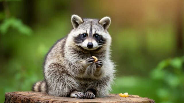 Curious raccoon enjoying a snack on tree stump in vibrant forest