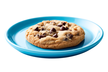 Delicious chocolate chip cookie on a blue plate ready to enjoy