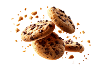Delicious chocolate chip cookies flying in a burst of crumbs
