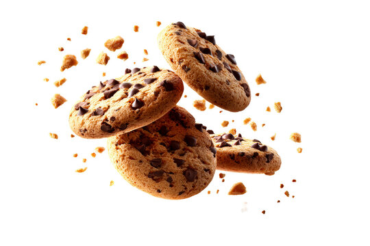 Delicious chocolate chip cookies flying in a burst of crumbs