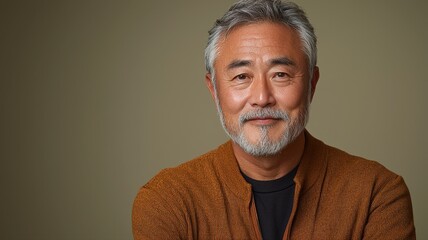 Relaxed Studio Portrait of a Smiling Southeast Asian Father with Gray Beard and Warm Expression