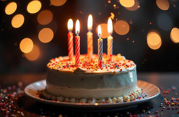 Cake with Glowing Candles on festive Background with bokeh, copy space
