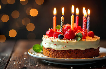 Cake with Glowing Candles on festive Background with bokeh, copy space