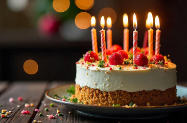 Cake with Glowing Candles on festive Background with bokeh, copy space